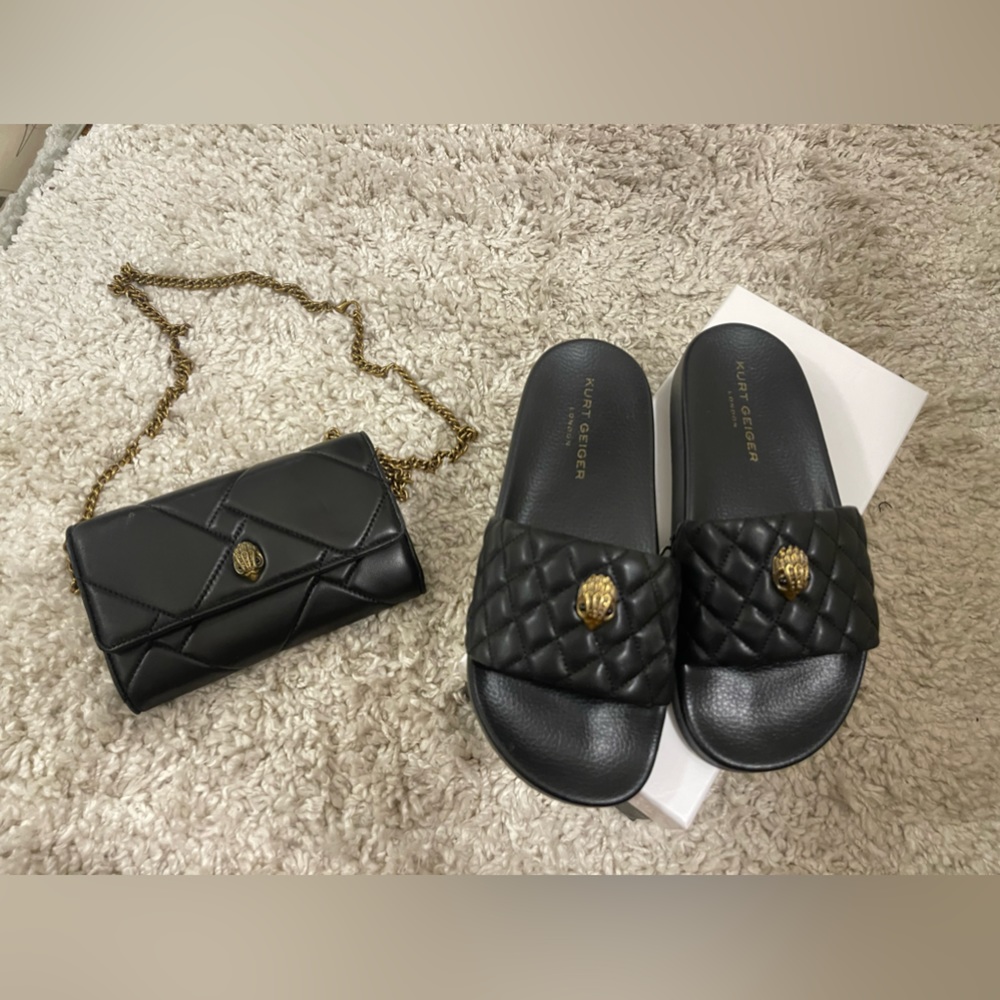 Womens Kurt Geiger slides and chain wallet purse